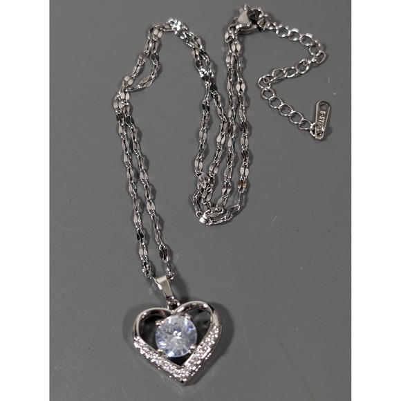 Stainless Steel CZ Heart Necklace Classic Bridal Wedding Gift 18 inch - Picture 3 of 8